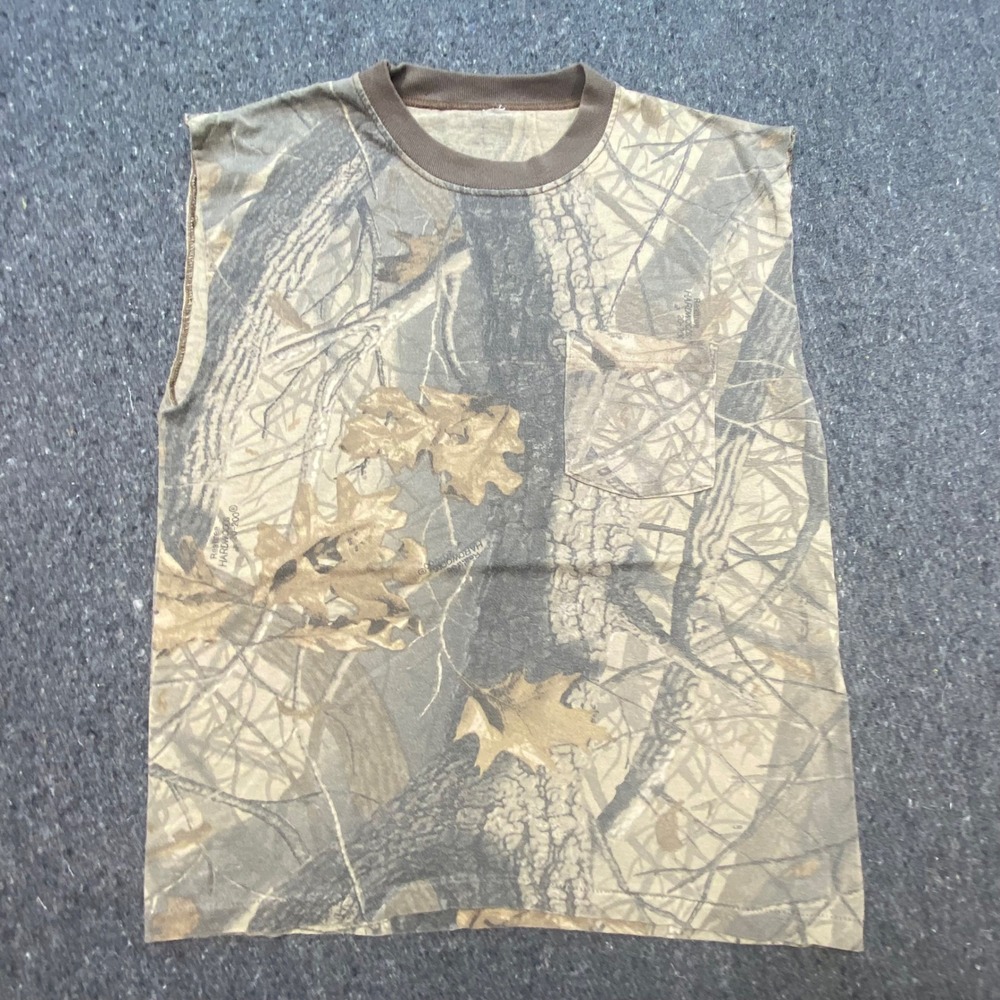 Realtree Hardwoods Camo Tank Top L Mens Brown Gorpcore Cut Off Muscle Tee Pocket